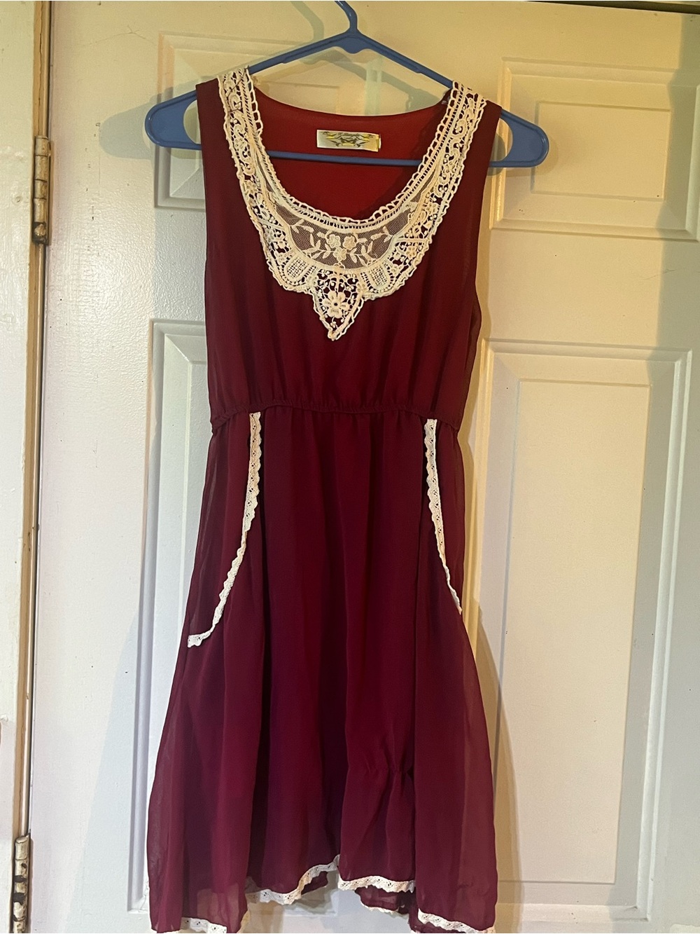 Burgundy Sleeveless Dress with Cream Lace Trim